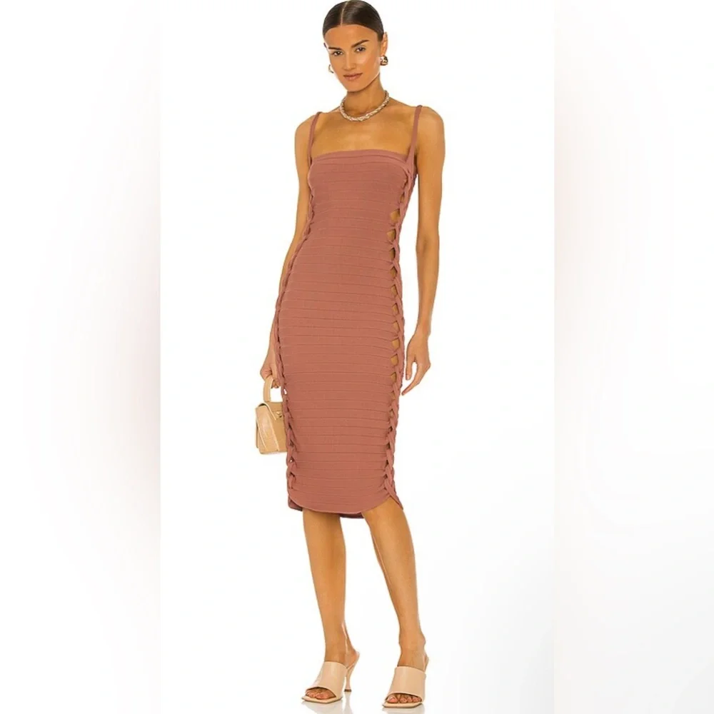 DION LEE Knit Mirror Braid Strap MIDI Dress in Soft Brick - Picture 1 of 6